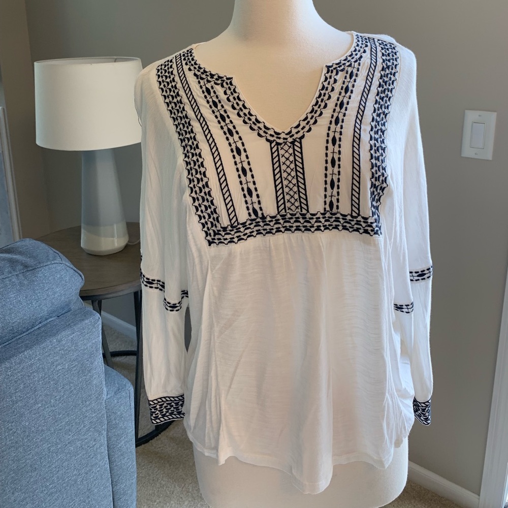 White and Navy Embroidered Blouse